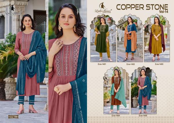 Ladies Flavour Copper Stone Vol 14 Designer Kurti With Pant And Dupatta Collection